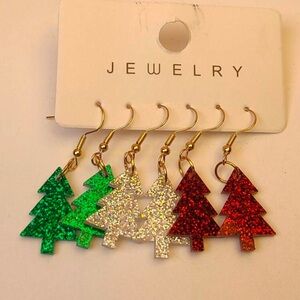 Festive Tree Earrings Set - Green, White, Red